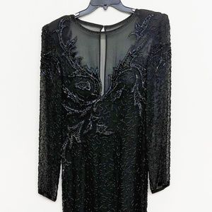 Vintage Black lg sleeve sequin&beaded evening gown